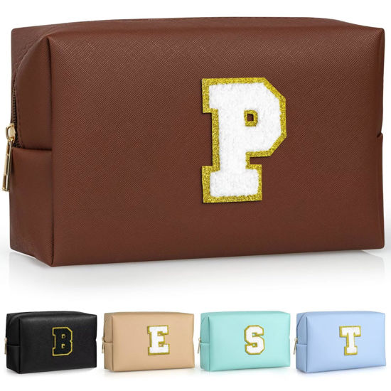 Picture of TOPEAST Personalized Makeup Bag, Chenille Letter Pouch Cosmetic Bag w Zipper, PU Leather Waterproof Toiletry Bag, Bridal Shower Gifts for Bridesmaids, Cute Stuff for Girls (Brown P)