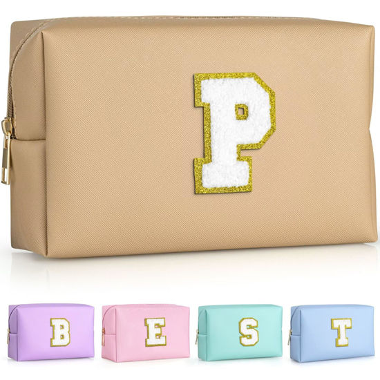 Picture of TOPEAST Personalized Makeup Bag, Chenille Letter Pouch Cosmetic Bag w Zipper, PU Leather Waterproof Toiletry Bag, Bridal Shower Gifts for Bridesmaids, Cute Stuff for Girls (Khaki P)