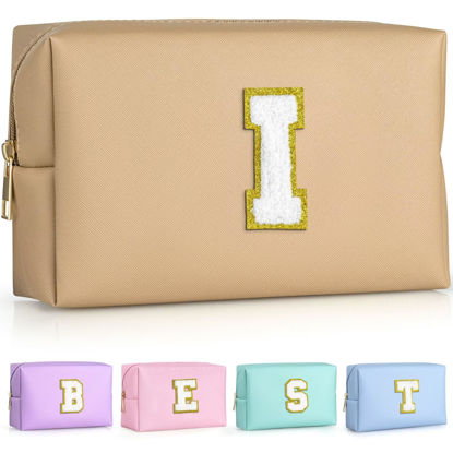 Picture of TOPEAST Preppy Makeup Bag, Cute Makeup Pouch PU Leather Waterproof Cosmetic Bag, Personalized Birthday Gifts for Mom Teacher Friends Bridesmaids Nurse, Trendy Stuff For Girls (Khaki I)