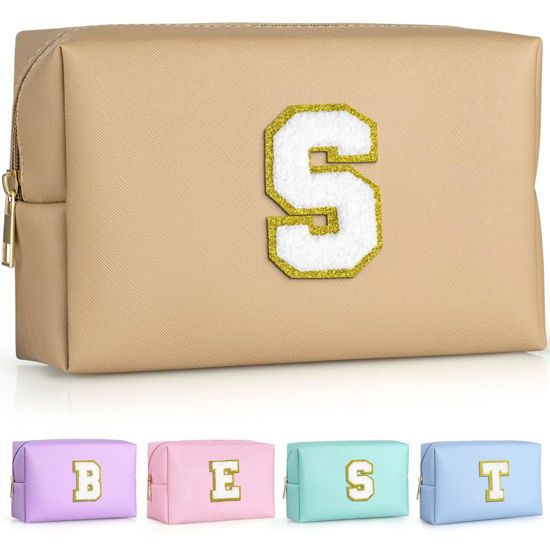 Picture of TOPEAST Initial Cosmetic Bag for women, Preppy Small Makeup Bag, PU Leather Waterproof Toiletry Bag, Monogrammed Birthday Gifts For Women, Stuff for girls (Khaki S)