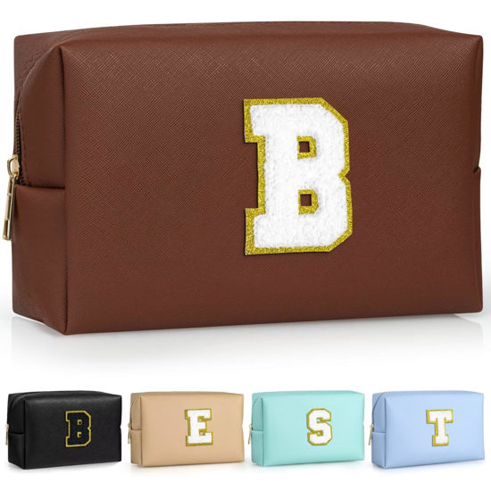 Picture of TOPEAST Preppy Patch Makeup Bag, Chenille Letter Pouch Cosmetic Bag, PU Leather Waterproof Toiletry Bag, Personalized Birthday Gift for Women Girl, Cute Stuff for Girls (Brown B)