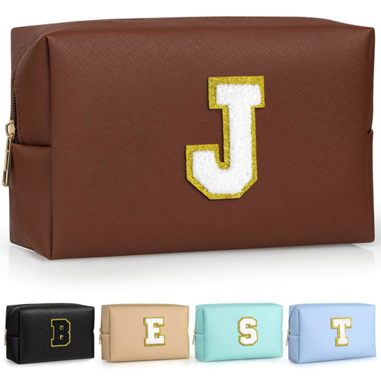 Picture of TOPEAST Birthday Gifts for Girls, Travel Makeup Bag Chenille Letter Pouch Cosmetic Bag, Makeup Travel Organizer, Monogrammed Bridesmaid Gifts for Women, Cute Stuff For Girls (Brown J)