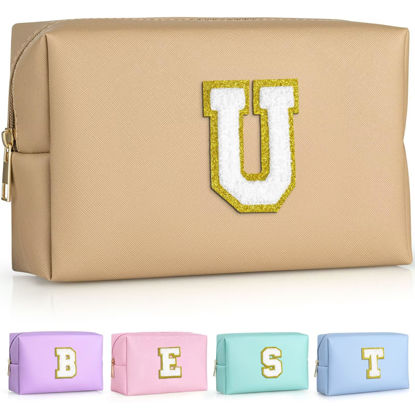 Picture of TOPEAST Personalized Makeup Bags for Women, Chenille Letter Pouch Cosmetic Bag with Zipper, Travel Toiletry Bag, Monogrammed Birthday Gift for Friends, Cute Stuff for Girls (Khaki U)