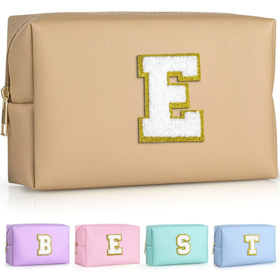 Picture of TOPEAST Monogrammed Gift for Women Girls, Personalized Initial Makeup Bags Cosmetic Bag with Zipper, Cute Makeup Pouch, PU Leather Waterproof Toiletry Bag, Preppy Gifts Stuff for Girl (Khaki E)