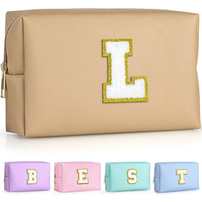 Picture of TOPEAST Personalized Birthday Gifts for Women, Preppy Patch Makeup Bag, Chenille Letter Pouch Cosmetic Bag, Travel Organizer, Christmas Gifts for Friends, Cute Stuff For Girls (Khaki L)