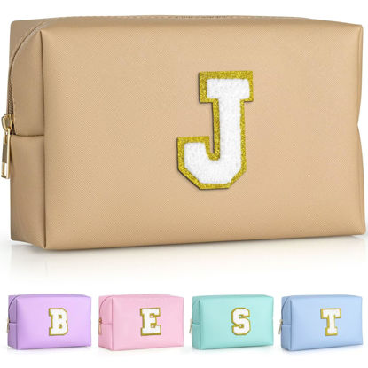 Picture of TOPEAST Birthday Gifts for Girls, Travel Makeup Bag Chenille Letter Pouch Cosmetic Bag, Makeup Travel Organizer, Monogrammed Bridesmaid Gifts for Women, Cute Stuff For Girls (Khaki J)