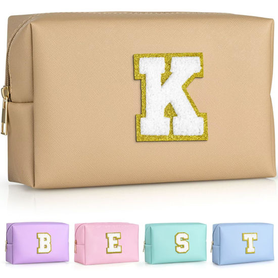 Picture of TOPEAST Initial Cosmetic Bag, PU Leather Waterproof Travel Toiletry Bag, Monogrammed Gifts for women, Personalized Birthday Gift for Sister Friends, Cute Stuff for Girls (Khaki K)