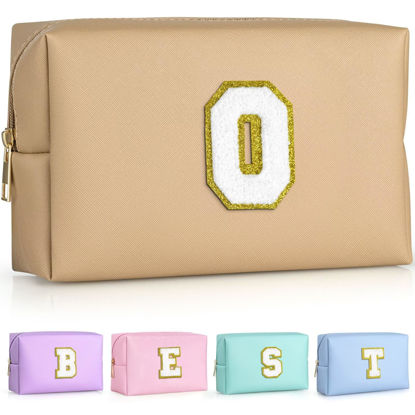 Picture of TOPEAST Small Makeup Bag Initial Cosmetic Bag Travel Toiletry Bag, Personalized Birthday Gift for Mom Sister Friends Teacher Nurse, Preppy Travel Stuff for Girls (Khaki O)