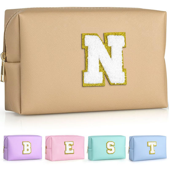 Picture of TOPEAST Preppy Stuff Cute Makeup Bag Small Cosmetic Bag Travel Toiletry Bag, Personalized Birthday Wedding Gifts for Mom Teacher Friends Bridesmaids, Preppy Travel Stuff for Girls (Khaki N)