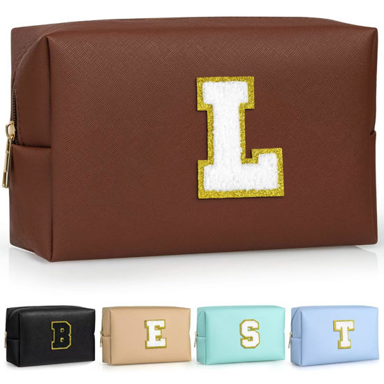 Picture of TOPEAST Personalized Birthday Gifts for Women, Preppy Patch Makeup Bag, Chenille Letter Pouch Cosmetic Bag, Travel Organizer, Christmas Gifts for Friends, Cute Stuff For Girls (Brown L)