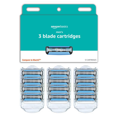 Picture of Amazon Basics 3-Blade Razor Refills for Men with Dual Lubrication, 12 Cartridges (Fits Amazon Basics Razor Handles only) (Previously Solimo)