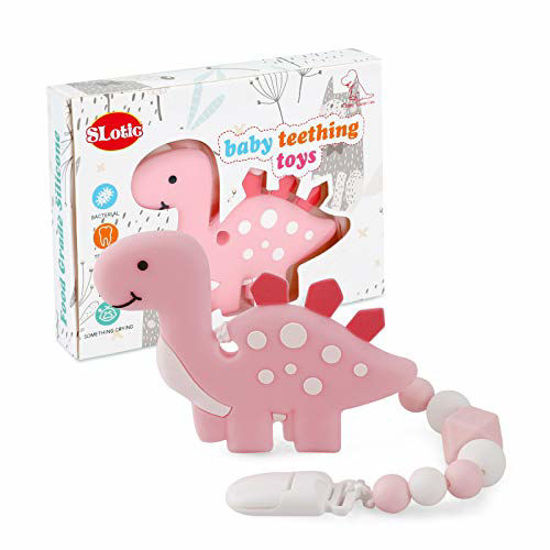 Picture of Slotic Baby Teething Toys, Dinosaur Teether Pain Relief Toy with Pacifier Clip Holder Set for Newborn Babies, Freezer Safe Neutral Shower Gift, Soft & Textured Stocking Stuffers for Girl (Pink)