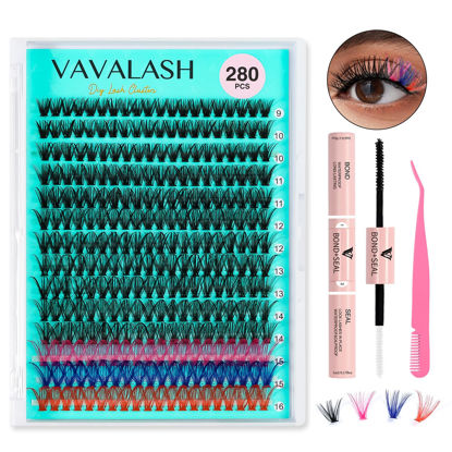 Picture of VAVALASH DIY Lash Extension Kit 280 PCS 40D Colored Individual Cluster Lashes Kit D Curl Lash Clusters, Lash Bond and Seal, Lash Tweezer for DIY at Home Wispy False Lashes (40D-9-16MIX Color Kit)