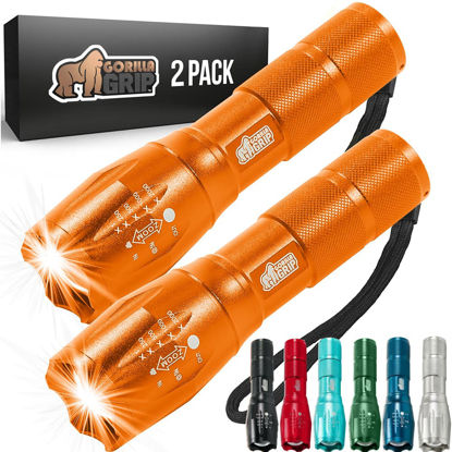 Picture of Gorilla Grip Powerful LED 750 FT Water Resistant 5 Adjustable Mode Tactical Flashlight, High Lumens Ultra Bright Battery Zoom Flashlights, Small Camping Car Mini Flash Light Accessories, 2 Pack Orange