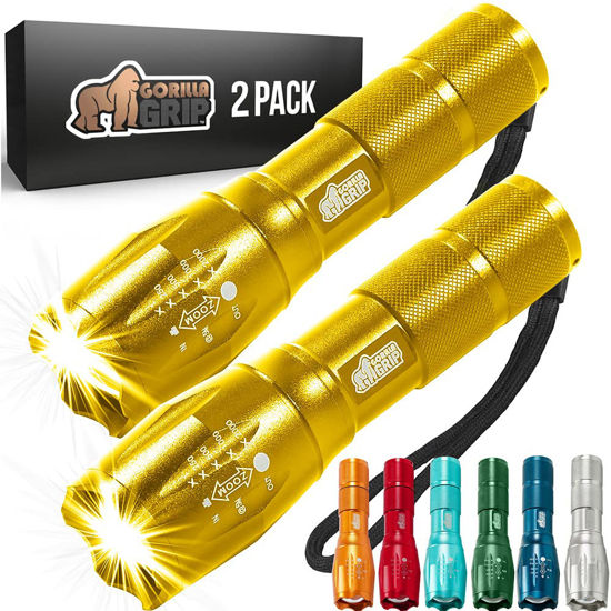 Picture of Gorilla Grip Powerful LED 750 FT Water Resistant 5 Adjustable Mode Tactical Flashlight, High Lumens Ultra Bright Battery Zoom Flashlights, Small Camping Car Mini Flash Light Accessories, 2 Pack Gold