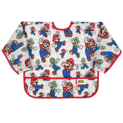 Picture of Bumkins Bibs, Baby and Toddler Girls and Boys 6-24 Months, Long Sleeve, Essential Must Have for Eating, Feeding, Mess Saving Lightweight Waterproof Fabric Sleeved Smock, Nintendo Mario and Luigi