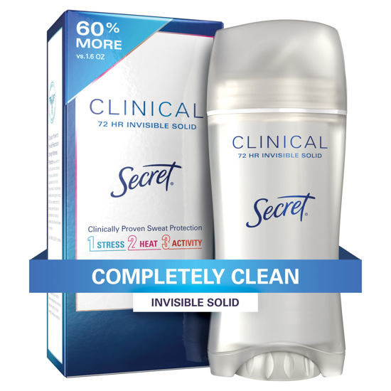 Picture of Secret Clinical Strength Antiperspirant and Deodorant for Women, Invisible Solid, 72hr Sweat Protection, PH Balancing Minerals, Completely Clean Scent, 2.6 oz