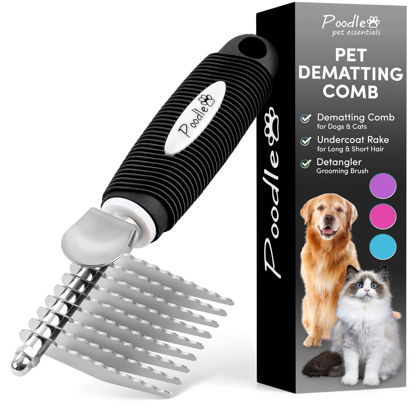 Picture of Poodle Pet Dematting Fur Rake Comb Brush Tool - Dog and Cat Comb with Long 2.5 Inches Steel Safety Blades for Detangling Matted or Knotted Undercoat Hair (Black, Dematting Comb)