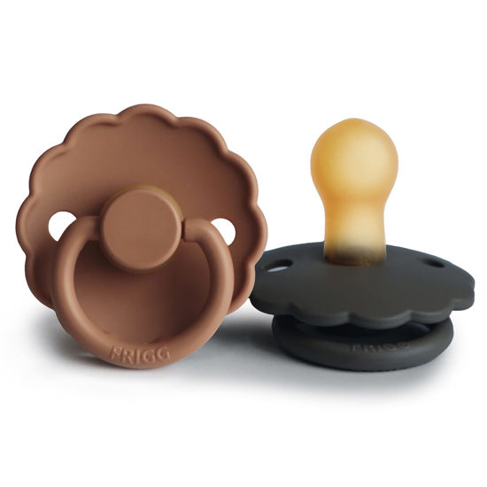 Picture of FRIGG Daisy Natural Rubber Baby Pacifier | Made in Denmark | BPA-Free (Graphite/Peach Bronze, 0-6 Months) 2-Pack