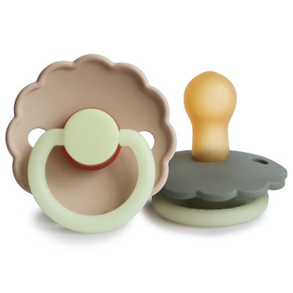 Picture of FRIGG Daisy Night Natural Rubber Baby Pacifier | Made in Denmark | BPA-Free (Portobello/Croissant, 0-6 Months) 2-Pack