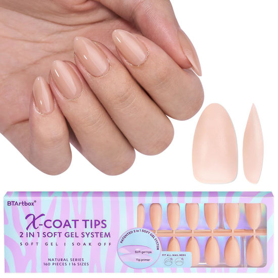 Picture of BTArtbox Short Almond Gel Nail Tips - Soft Gel Press On Nails XCOATTIPS Natural, Pre-colored Gel Nails Full Cover Fake Nails Short for Women's Daily Nails Art