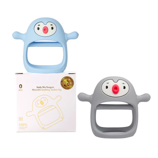 Picture of Smily Mia 2pack Penguin Teether for Babies 0-6Month, Baby Essentials, New Born Must Haves,Baby Pacifiers for Breastfed Babies, Baby Teething Toys, Perfect Shower Gift+Baby Registry, Blue+Grey