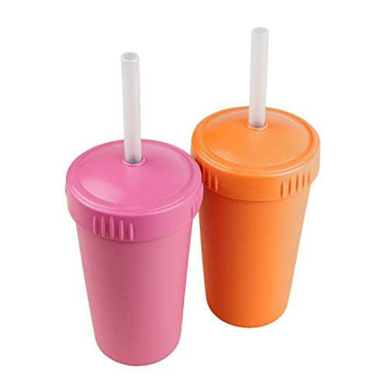 Picture of Re-Play Made in USA 2 Pack Straw Cups for Toddlers, 10 Oz. - Reusable Kids Cups with Straws and Lids, Dishwasher/Microwave Safe - Toddler Cups with Straws 3.13" x 5.5", Pink/Orange