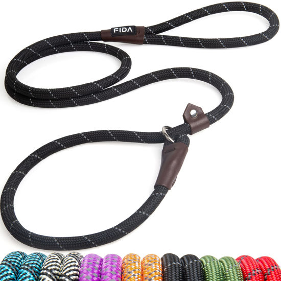 Picture of Fida Durable Slip Lead Dog Leash, 6 FT x 1/2" Heavy Duty Comfortable Strong Rope Leash for Large, Medium Dogs, No Pull Pet Training Leash with Highly Reflective, Black