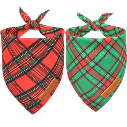 Picture of Realeaf Christmas Dog Bandanas 2 Pack, Reversible Red Green Plaid Dog Scarf, Xmas Pet Bandana for Boy and Girl, Premium Durable Fabric, Holiday Check Bandana for Small and Medium Dogs Pets (Small)