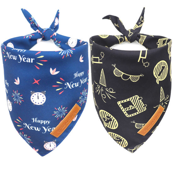 Picture of Realeaf Happy New Year Dog Bandanas 2 Pack, Reversible Holiday Pet Scarf for Boy and Girl, Premium Durable Fabric, Bandana for Small Medium Large and Extra Large Dogs (Small)