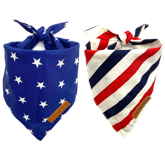 Picture of Realeaf 4th of July Dog Bandanas 2 Pack, Reversible American Flag Pet Scarf for Boy and Girl, Premium Durable Fabric, Patriotic Bandana for Small and Medium Dogs (Small)