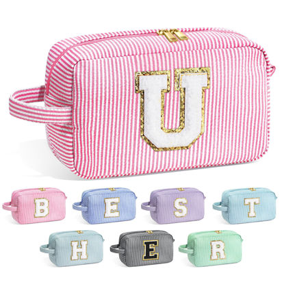 Picture of YOOLIFE Travel Makeup Bag for Women - Monogram Cute Initial Pink Makeup Bags Cosmetic Toiletry Pouch Make Up Case for Women Her Best Friend Friendship Sister, Personalized Birthday Gifts for Women U