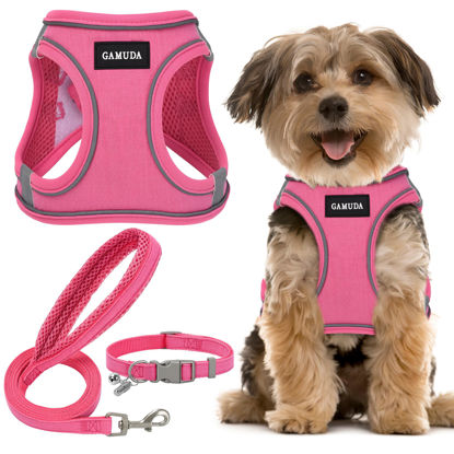 Picture of GAMUDA Small Pet Harness Collar and Leash Set, Step in No Chock No Pull Linen Fabric Soft Mesh Dog Vest Harnesses Reflective for Dogs Puppy and Cats Outdoor Training and Running (XS, Pink)