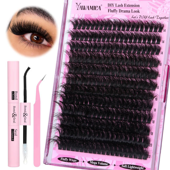 Picture of Yawamica Fluffy Lash Extension Kit Thick 200D Volume Eyelash Extension Kit 14-20mm Wispy Lash Clusters Kit D Curl Individual Lashes with Bond and Seal and lash Tweezers DIY Cluster Eyelash Extensions