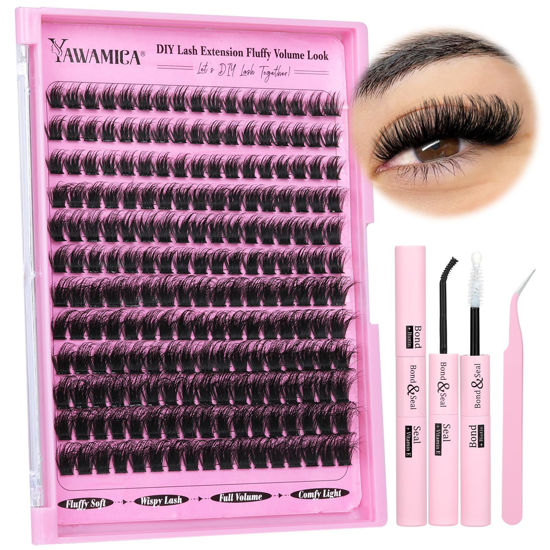 Picture of Fluffy Lashes Clusters Kit Wispy Individual Lashes 100D Volume Cluster Eyelash Extensions Kit 10-16mm D Curl Lash Extension Kit with Bond and Seal and Lash Tweezers DIY Eyelash Kit by Yawamica