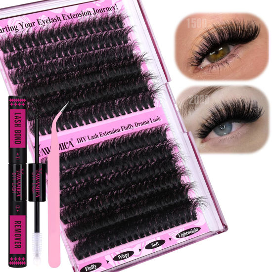 Picture of Yawamica Fluffy Lash Clusters Kit 150D+200D Thick Volume Lash Extension Kit 14-20mm Wispy Eyelash Clusters Individual Lashes Kit with Lash Bond, Lash Remover, Lash Applicator for DIY Lash Extension