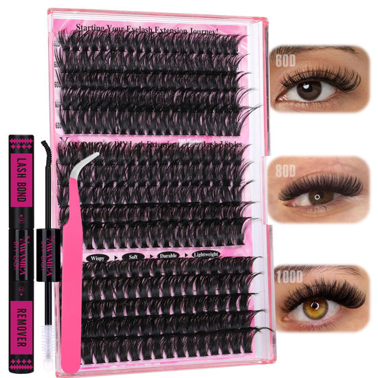 Picture of Yawamica Faux Mink Eyelash Extensions Kit, 300pcs 60D+80D+100D Individual Clusters, Black, Cruelty Free, DIY Lash Beginners