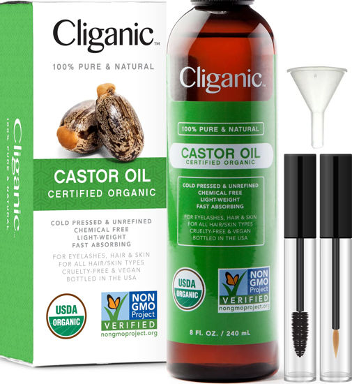 Picture of Cliganic USDA Organic Castor Oil, 100% Pure (8oz with Eyelash Kit) - For Eyelashes, Eyebrows, Hair & Skin | Natural Cold Pressed Unrefined Hexane-Free