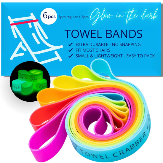 Picture of Towel Bands (6-Pack), Beach Pool & Cruise Chairs, Extra Durable, No Snapping, Cruise Ship & Beach Essentials, Great Alternative to Beach Towel Clips (3 Regular + 3 Glow in The Dark)