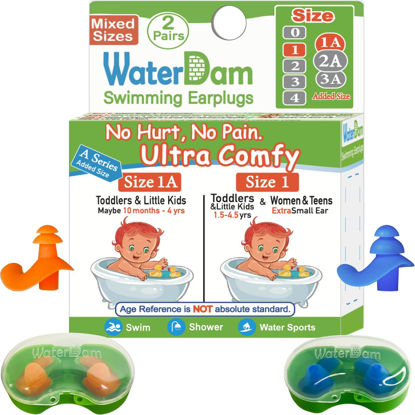 Picture of WaterDam A-Series Swimming Ear Plugs Ultra Comfy Great Waterproof Earplugs (Mixed Sizes, Size 1A+1: Toddler Little Kids 10m-6yrs & ExtraSmall Ear Women&Teens)