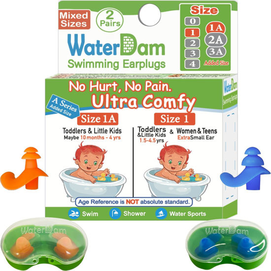 Picture of WaterDam A-Series Swimming Ear Plugs Ultra Comfy Great Waterproof Earplugs (Mixed Sizes, Size 1A+1: Toddler Little Kids 10m-6yrs & ExtraSmall Ear Women&Teens)