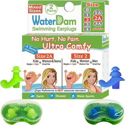 Picture of WaterDam A-Series Swimming Ear Plugs Ultra Comfy Great Waterproof Earplugs (Mixed Sizes, Size 2A+2: Kids Teens Medium Ear Women Small Ear Men (Green Blue))