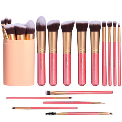 Picture of BS-MALL New 14 Pcs Makeup Brushes Premium Synthetic Kabuki Makeup Brush Set Cosmetics Foundation Blending Blush Eyeliner Face Powder Brush Makeup Brush Kit(golden Pink)