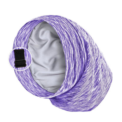 Picture of Satin Lined Sleep Cap Bonnet for Curly Hair and Braids, Stay On All Night Hair Wrap with Adjustable Strap for Women and Men, Pruple Type1, Pack of 1