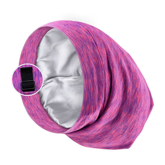 Picture of Satin Lined Sleep Cap Bonnet for Curly Hair and Braids, Stay On All Night Hair Wrap with Adjustable Strap for Women and Men, Purple and Pink, Pack of 1