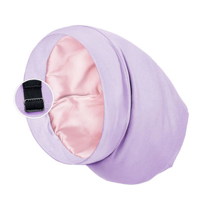 Picture of Satin Lined Sleep Cap Bonnet for Curly Hair and Braids, Stay On All Night Hair Wrap with Adjustable Strap for Women and Men, Lavender, Pack of 1