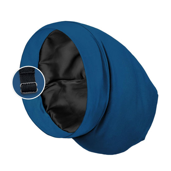 Picture of Satin Lined Sleep Cap Bonnet for Curly Hair and Braids, Stay On All Night Hair Wrap with Adjustable Strap for Women and Men, Bijou Blue, Pack of 1