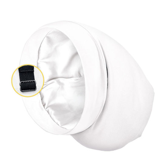 Picture of Satin Lined Sleep Cap Bonnet for Curly Hair and Braids, Stay On All Night Hair Wrap with Adjustable Strap for Women and Men, White, Pack of 1