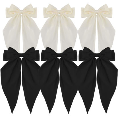 Picture of ATODEN Oversized Hair Barrettes: Silky Satin Bowknot Clips, Long Tail Ribbons for Women - Black, White, Beige (6Pcs)