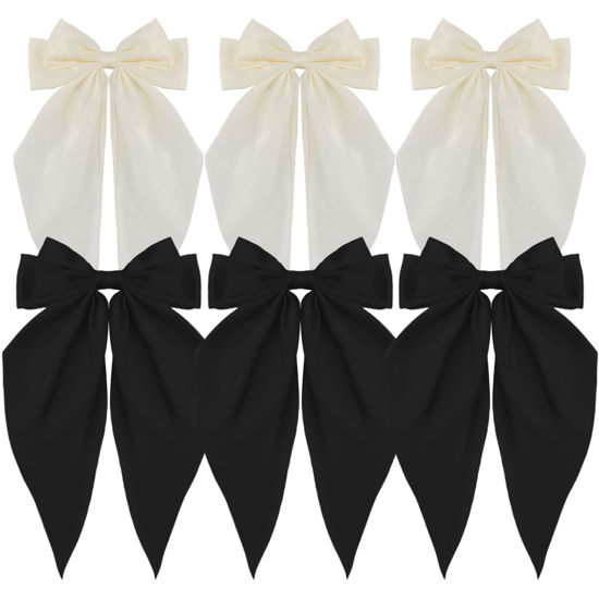 Picture of ATODEN Oversized Hair Barrettes: Silky Satin Bowknot Clips, Long Tail Ribbons for Women - Black, White, Beige (6Pcs)